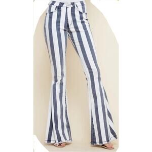 Saints & Hearts Blue + White Stripe Bell Bottom Flare Frayed Hem Jeans - Large